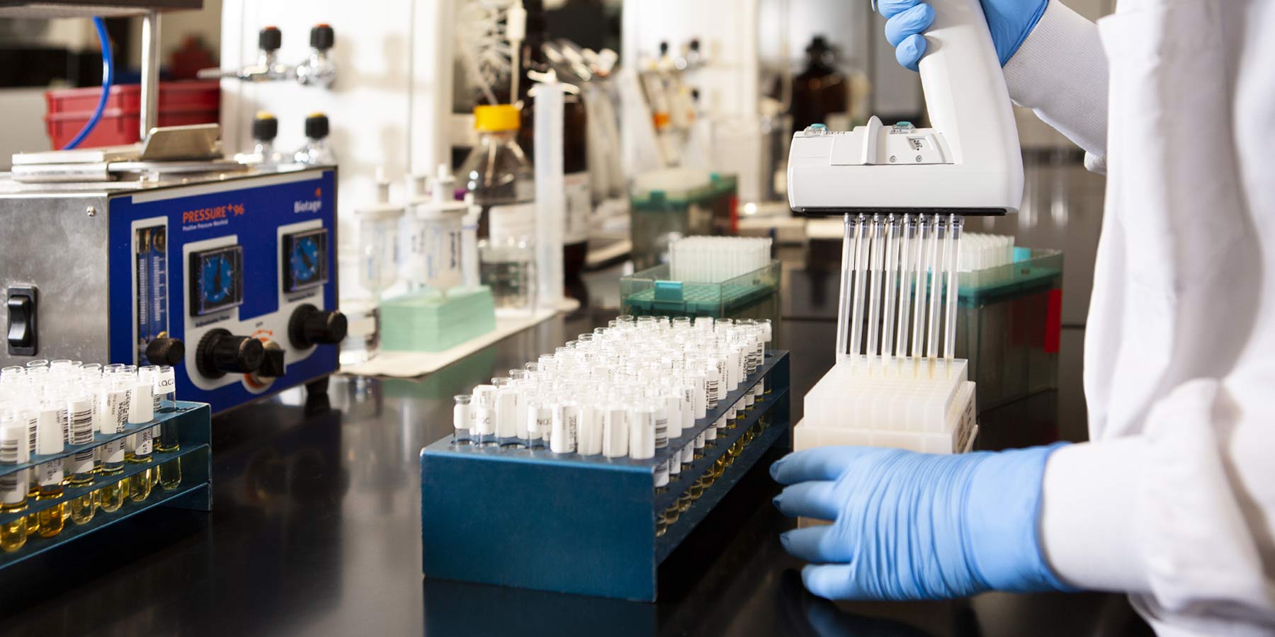 Professional laboratory research showing automated liquid handling and sample preparation for clinical testing.
